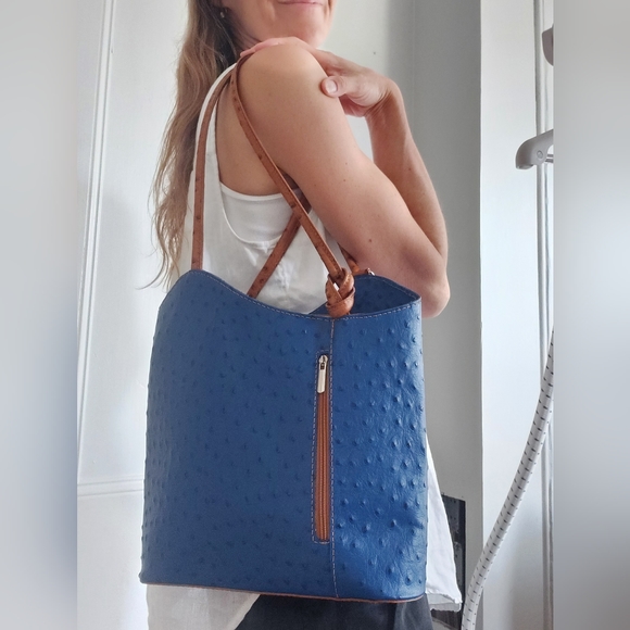 Borse in Pelle Italian Ostrich Leather Tote/Backpack Royal Blue and Tan - Picture 2 of 14